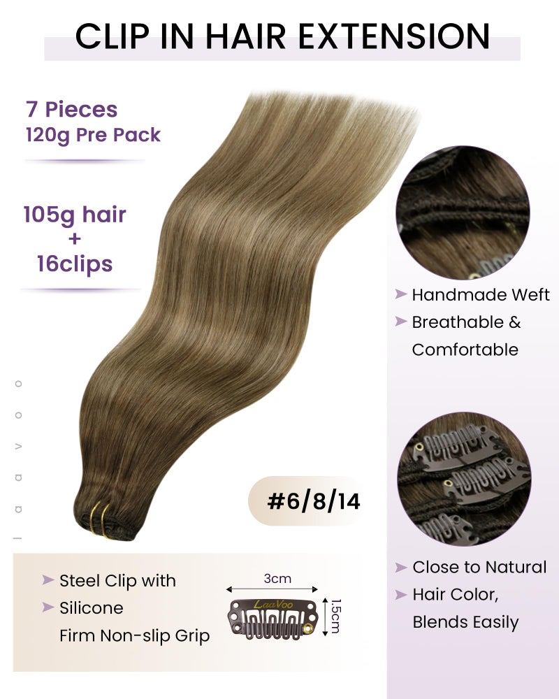 LaaVoo Clip in Hair Extensions Real Human Hair Brown Balayage # 8 Mix Golden Blonde Human Hair Clip in Extensions Blonde Balayage Real Hair Extensions Clip ins Full Head 16 Inch 7pcs 120g - Image 2
